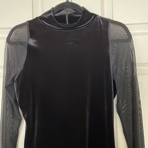 Classic long, black stretch velveteen dress with sheer sleeves, size medium
